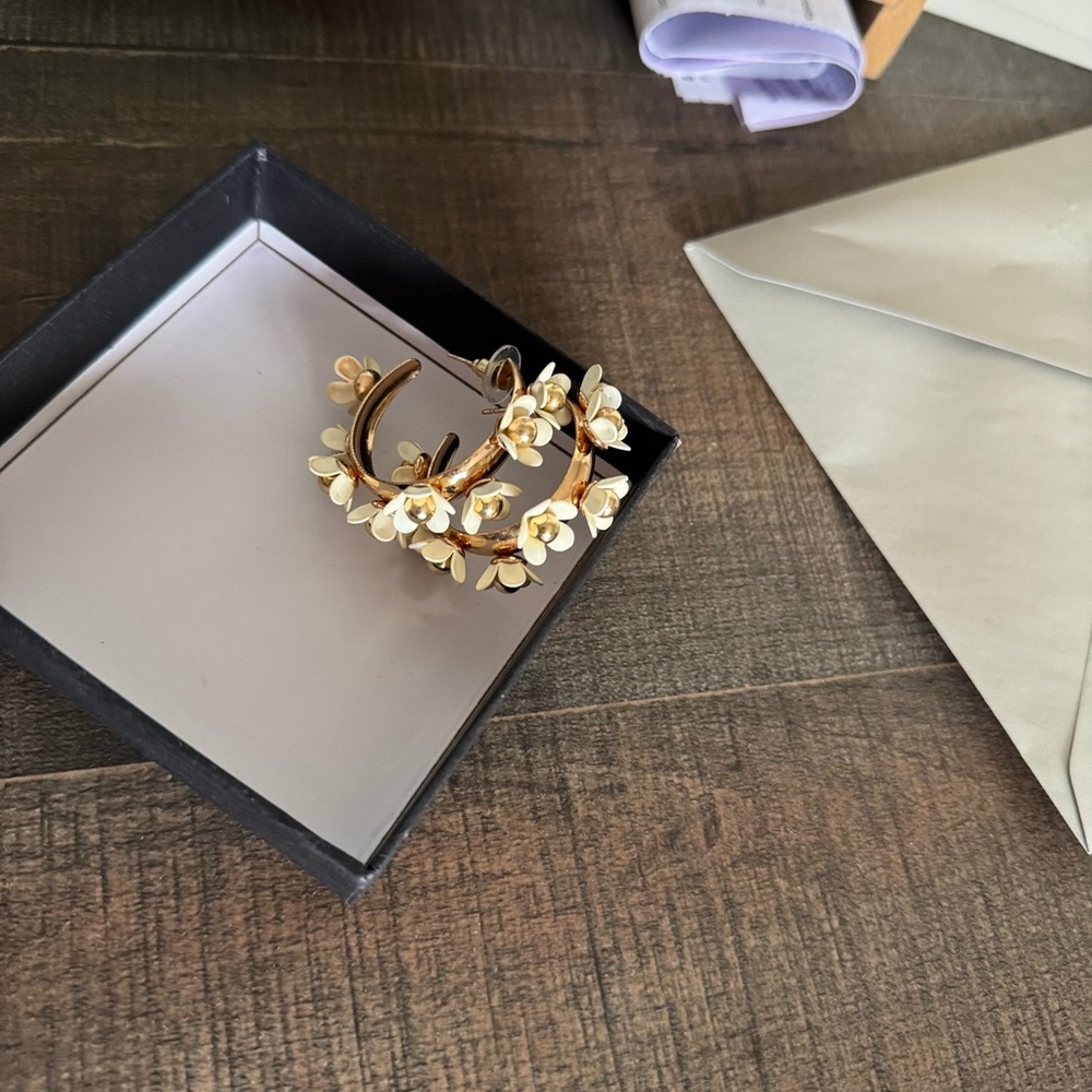 Gold and White Crescent Floral Earrings